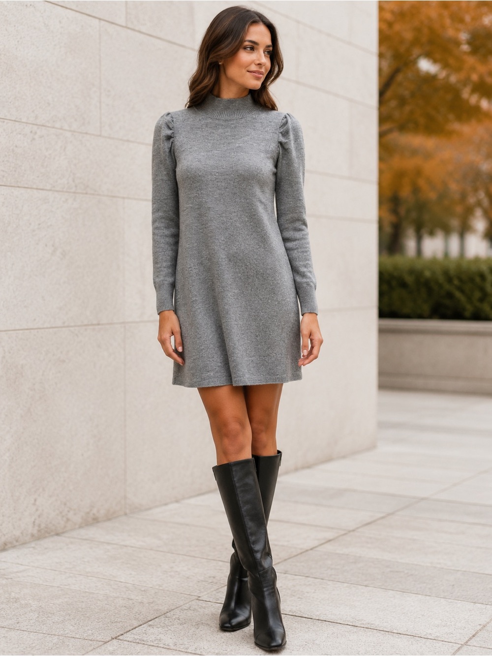 Wayf Heather Gray Mock Neck Puff-Sleeve Mini Dress